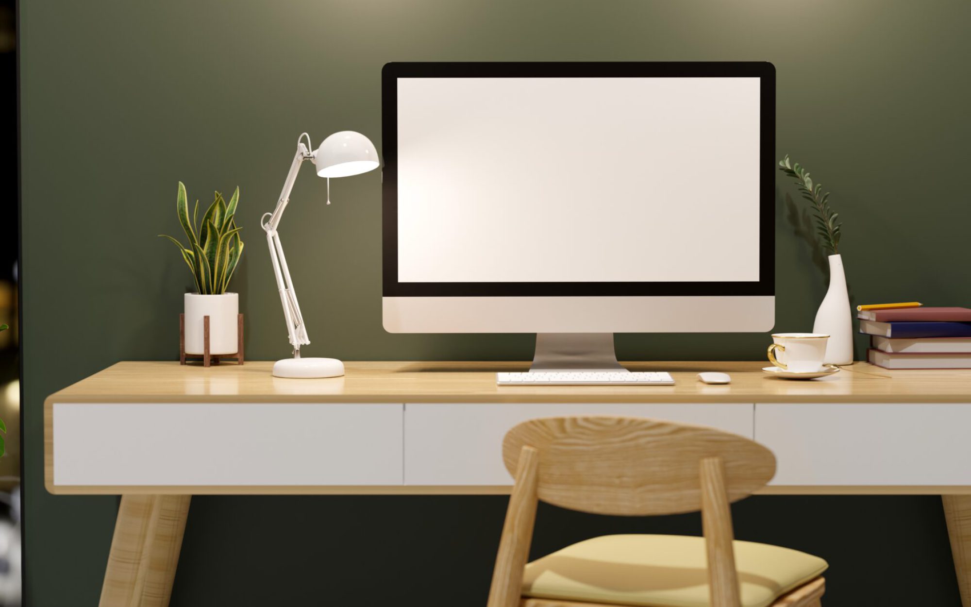 Modern contemporary home office workspace with pc desktop computer white screen mockup and supplies on wooden desk over stylish green wall. 3d rendering, 3d illustration